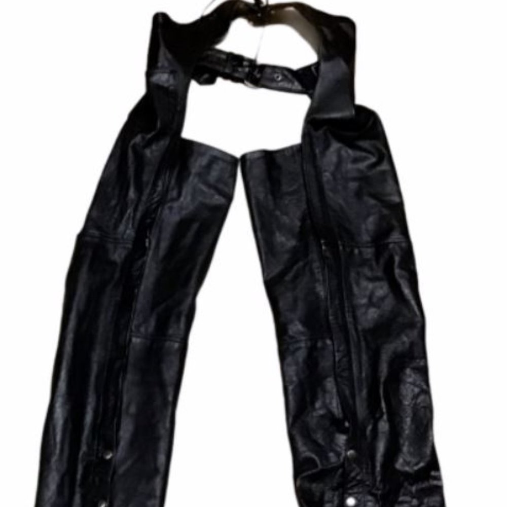 Vintage Mens Sz L Black Leather Motorcycle Chaps Riding Zipper Sides Buckle Belt